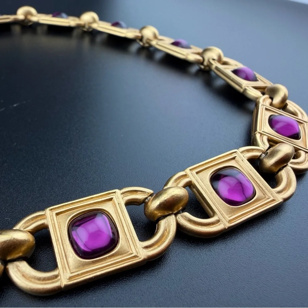 Monet for YSL 1980s Amethyst Glass Cabochon Link Necklace and earrings 68g - Picture 4 of 14